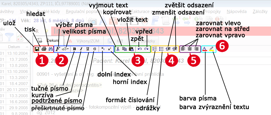 Popis ovládacích prvků textového editoru v dekursu.