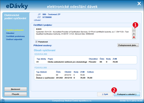 Výběr certifikátu a odeslání podání. Výběr certifikátu a odeslání podání.