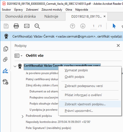 K detailům časového razítka se můžete dostat přes menu Zobrazit vlastnosti podpisu...