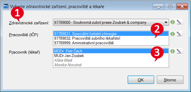 Formulář pro výběr zařízení, pracoviště a lékaře.